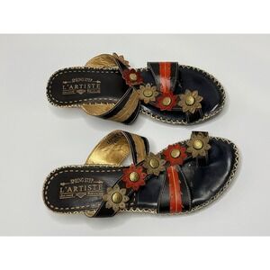 L'Artiste by Spring Step Leather Flower Sandals Women's 39 US 8.5 Black Red Boho